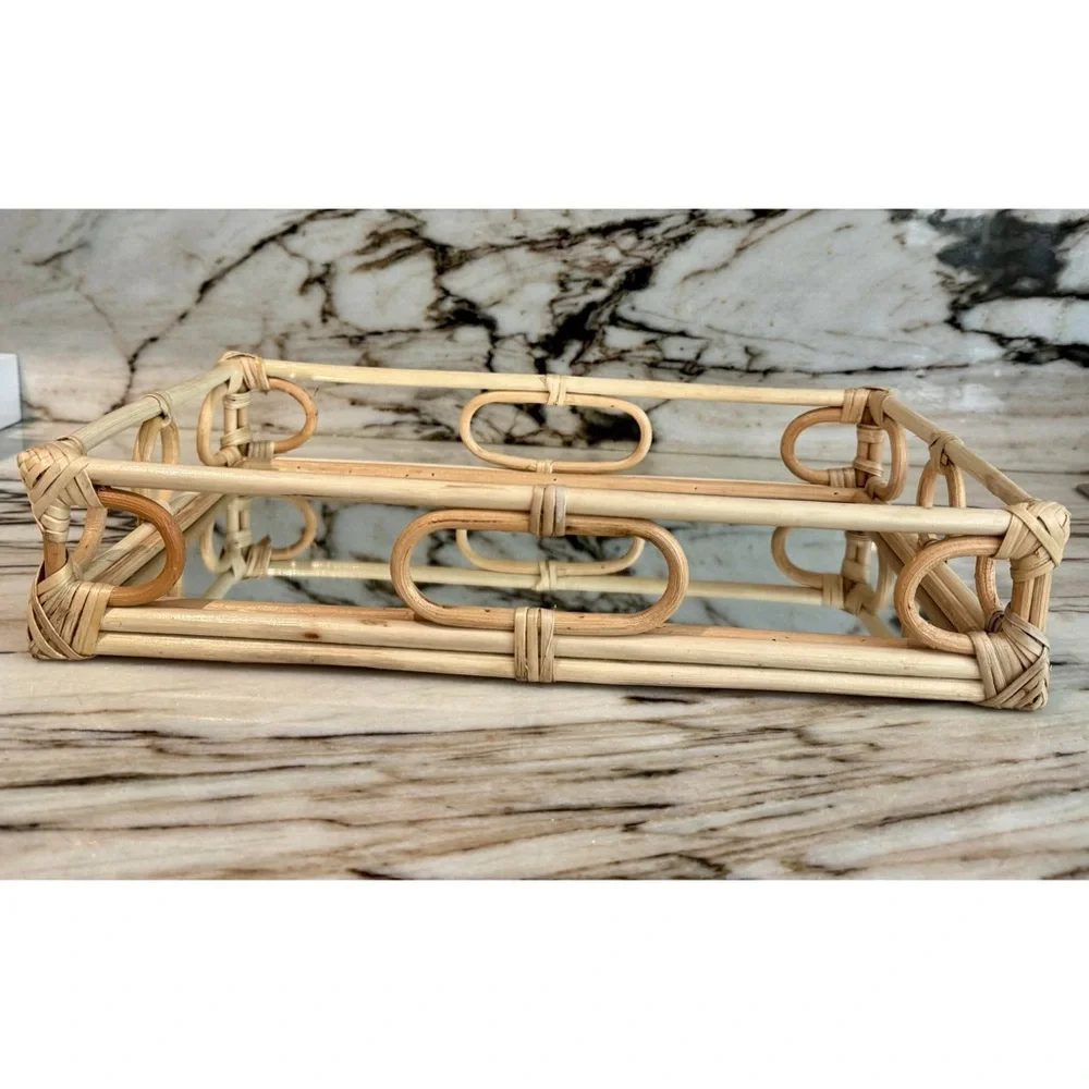 Rattan Mirror Vanity Display Tray Handmade Bohemian Natural